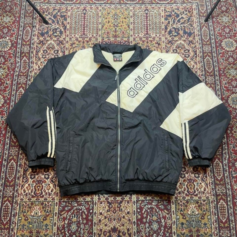 Vintage 90s Adidas striped white black zip up quilted lined puffer jacket‎ XXL